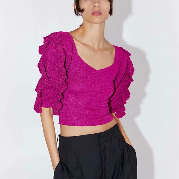 

blouses vintage ruffle knit crop blouse women v neck sleeve casual knitted female chic streetwear autumn short blouses, White