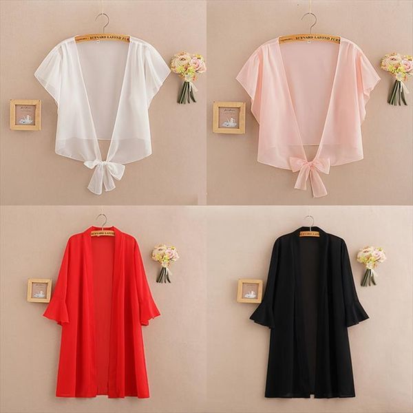

long chiffon cardigan summer womens shirt v neck tie black ruffle sleeve lace beach cover up, White
