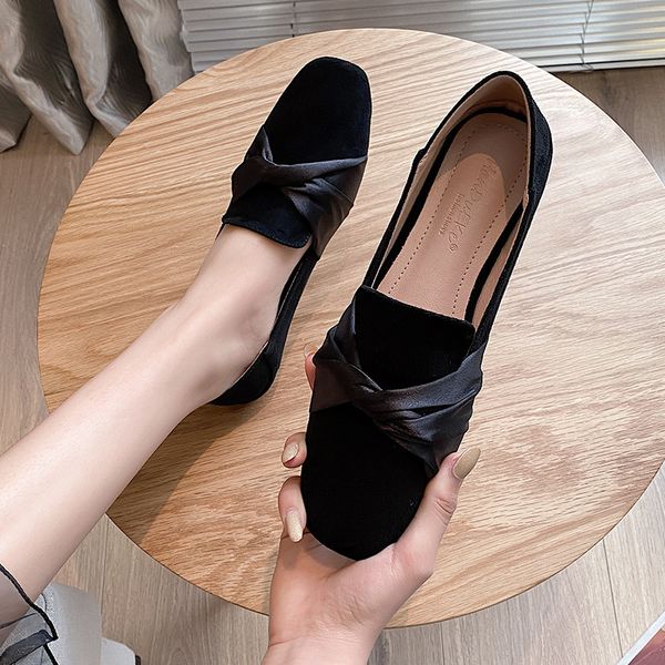 

dress shoes silk bowtie flock flat moccasins women square toe shallow single loafers soft bottom flipflops 2-ways wearing ballet al0w, Black