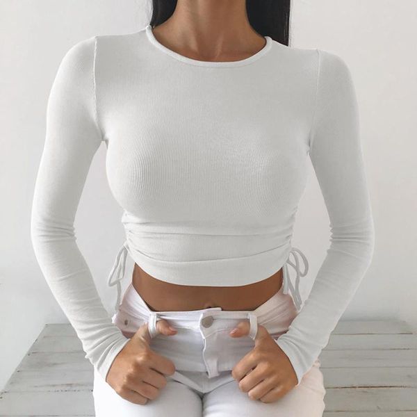 

women's t-shirt waatfaak ruched bandage solid white long sleeve t shirt women casual cute basic y2k crop black tshirt autumn 2021 frill