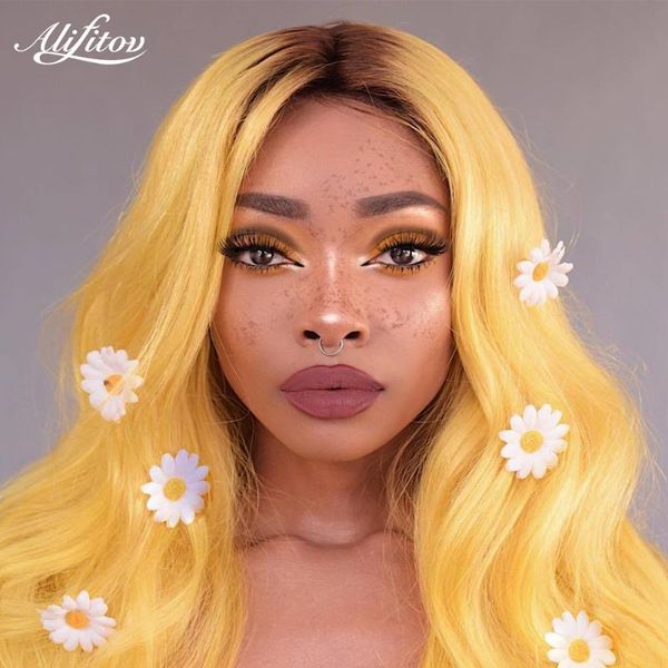

ombre yellow lace front wig human hair wigs transparent frontal natural wave for women, Black;brown