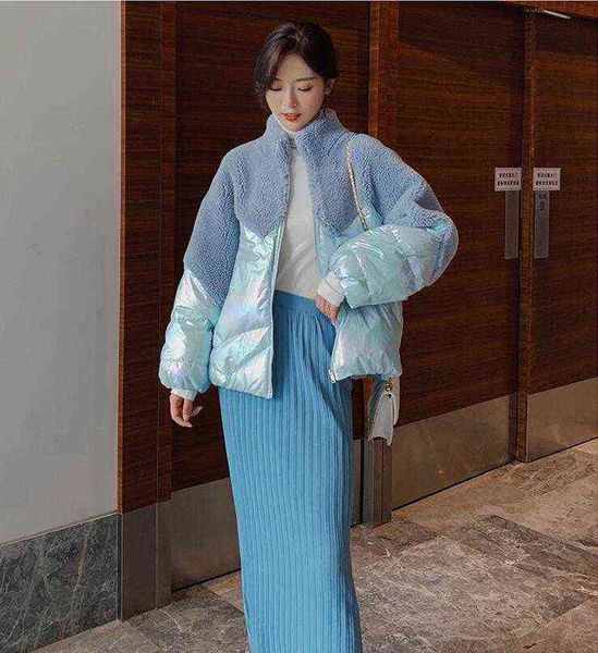 

fashion winter lambswool patchwork jacket women fur splice cotton padded coat thcik warm short cotton coats female overcoat 211130, Black