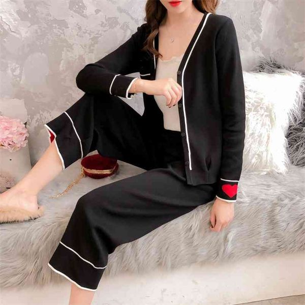 

spring suit fashion net red long-sleeved sweater coat women's cardigan korean wide-leg pants two-piece 210427, White