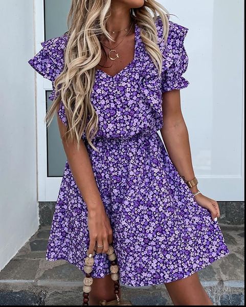 

purple floral women dress ruffles sleeve mini summer square collar flared a line holiday boho high waist flowers, Black;gray