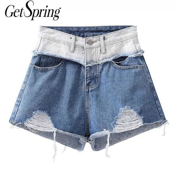 

getspring women shorts patchwork denim hole high waist wide leg jeans fashion all match womens summer short 210601, White;black