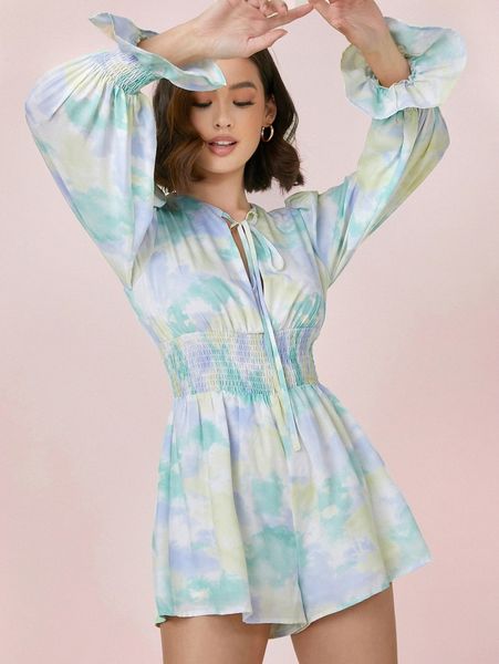 

tie-dye wash smocked waist self-tie romper k5zy#, White