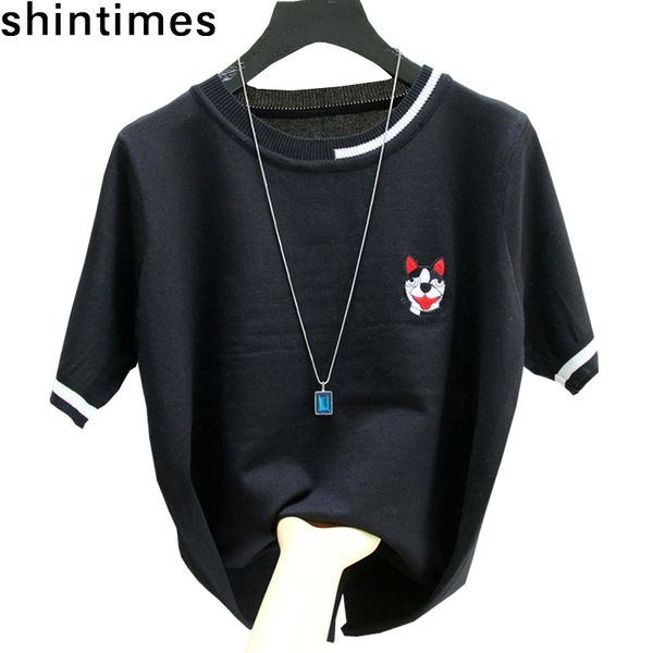 

women's t-shirt shintimes black tee shirt femme embroidery thin knitted t shirts women summer casual loose short sleeve ladies top, White