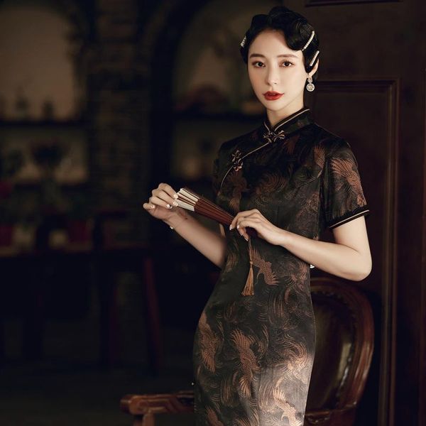 

ethnic clothing vintage classic flower printed cheongsam traditional mandarin collar chinese dress elegant split slim qipao lady party prom, Red