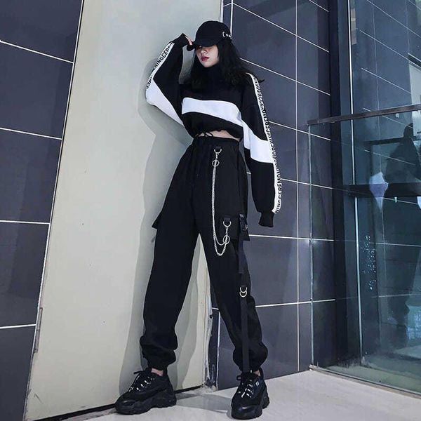 

women's pants & capris cargo suit women oversized long-sleeved sweatshirt + straight autumn korean fashion preppy style casual loose, Black;white