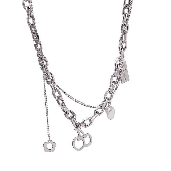 

chains korean imitation pearl cherry flower double layer necklace net red overlapping wind neck chain tassel long clavicle wholes, Silver
