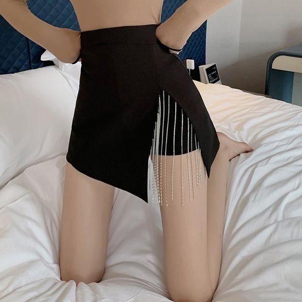 

women's shorts elegant black women 2021 summer flash diamond rhinestone chain slim high waist skirt lady skirts, White;black
