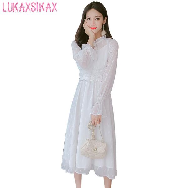 

casual dresses 2021 spring autumn women ruffled collar long sleeve dress lace patchwork slim white chiffon, Black;gray