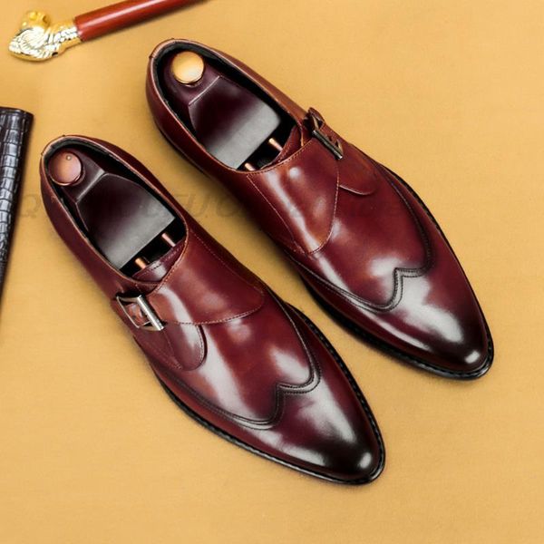 Luxuosos mens apontou toe monge cinta mocassins de couro genuíno Borgonha negra mens ocasional vestido sapatos deslizamento no casamento homens sapato