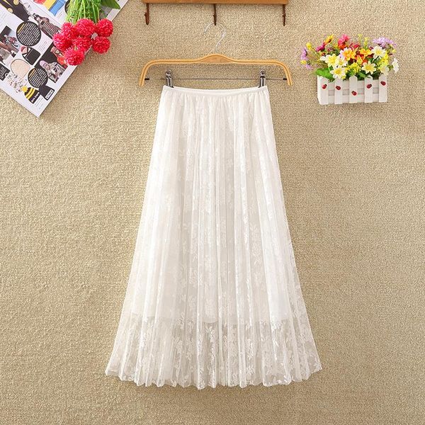 

skirts show thin, all kinds of hook flower hollow lace skirt, pleated medium length bottom half skirt, Black