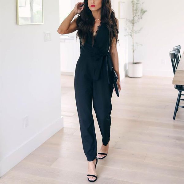 

fashion lace regular with belt womens jumpsuit sleeveless summer casual v neck solid black jumpsuits female pants, Black;white