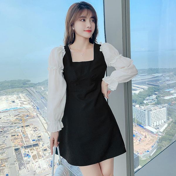 

casual dresses temperament french retro dress 2021 autumn sweet waist splicing puff sleeve loose, Black;gray