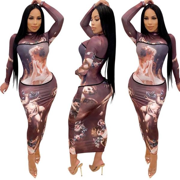 

casual dresses 2021 print o neck long sleeve mid calf women bodycon party bandage fashion dresss wholesale, Black;gray