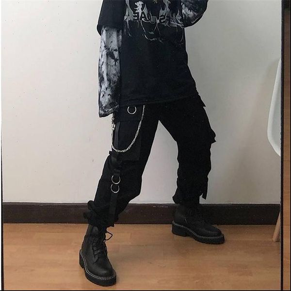 

women pants black harajuku streetwear casual harem with chain solid rock fashion high street hip hop long trousers capris, Black;white