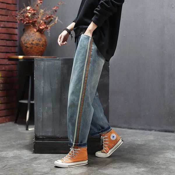 

women's jeans shzq arrival spring women elastic waist loose all-matched casual cotton denim harem pants side stripe vintage s6, Blue