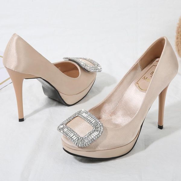 

dress shoes style rhinestone square buckle super high heel stiletto single waterproof platform heels red bridal wedding, Black