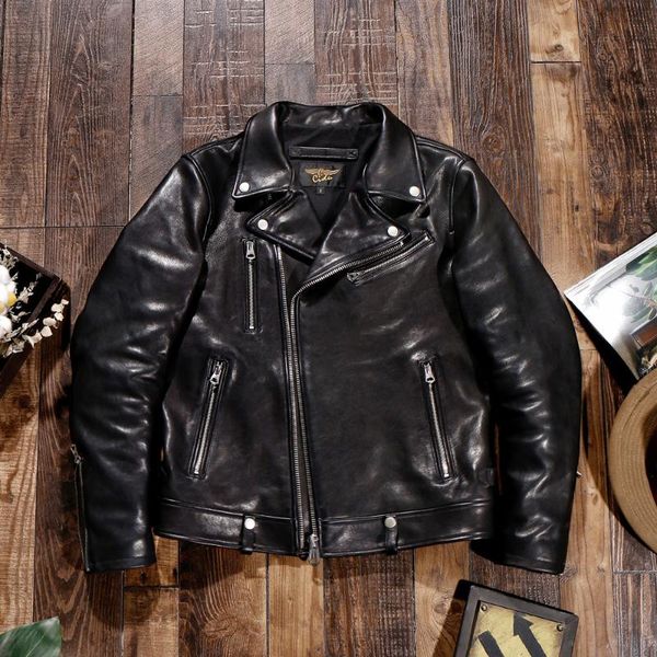 

men's leather & faux rider .double yrjacket.classic biker tanned 1.0 thick sheepskin coat.men fashion black clothing.
