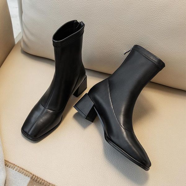 

boots winter for woman fashion shoes square toe back zipper block heels ankle 31-48, Black