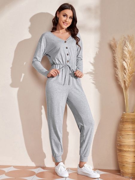 

emery rose v neck button front drawstring waist drop shoulder jumpsuit d2z2#, White