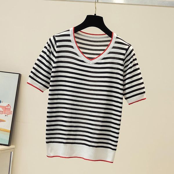 

women's t-shirt v-neck striped knitted t shirt women short sleeve ice silk thin female clothes casual color contrast womens summer, White