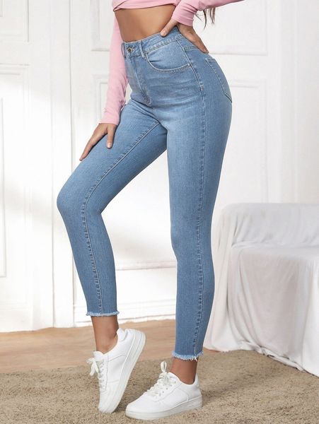 

high waist raw hem skinny cropped jeans e33e#, Blue