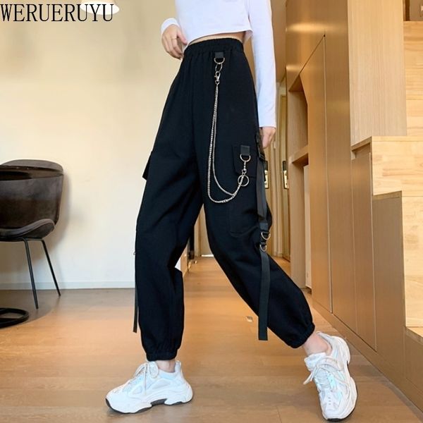 WERUERUYU Bahar Kadınlar Siyah Ordu Kargo Pantolon Hip Hop Sashes Pantolon BF Harajuku Joggers Yüksek Bel Tulum Gevşek Rahat 210608