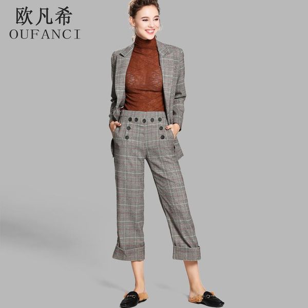 

women's suits & blazers oufanci 2021 autumn winter pant women two piece sets plaid wool business office tuxedos jacket pants ladies, White;black