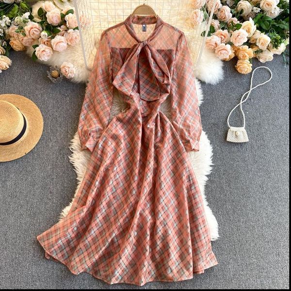

spring and women dresses summer womens plaid vintage dress elegant ladies long sleeved bow bandage femme robe korean style, Black;gray