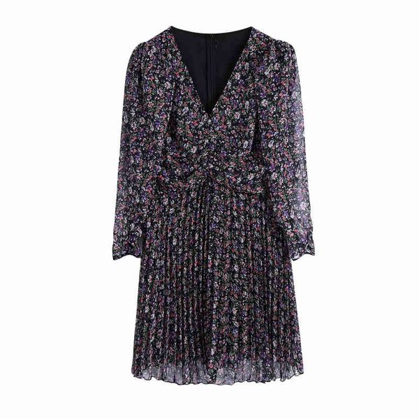 

vintage woman purple flora chiffon draped dress spring fashion ladies v neck ruffles es female elegant soft 210515, Black;gray