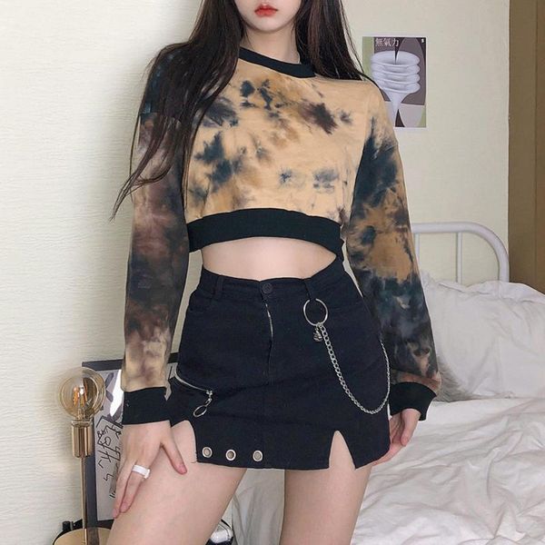 

women's sweaters women autumn long sleeve o neck sweatshirt blouse tie dye crop hoodie, White;black