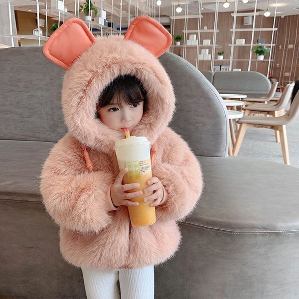 

2021 new winter clothes hooded thickened girls' fashionable imitation fur coat, Black