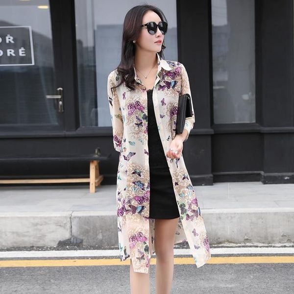 

women's blouses & shirts summer women casual chiffon cardigan female floral print boho long elegant ladies loose sun protection blouse, White