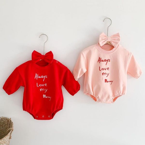 

spring new plus velvet baby girl letter embroidered long sleeve bodysuits baby cotton one-piece jumpsuits with hair band 210413, White