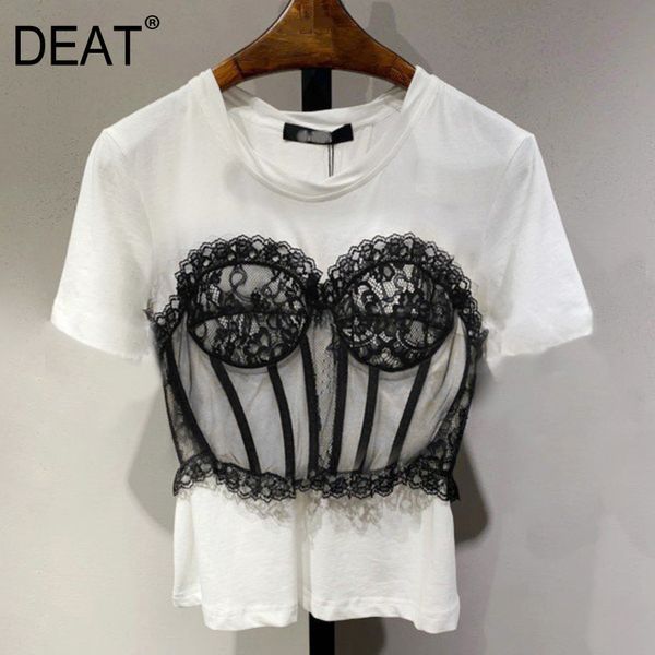 

lace patchwork slim bottomed short sleeve t-shirt cotton black and white female spring summer gx1187 210421