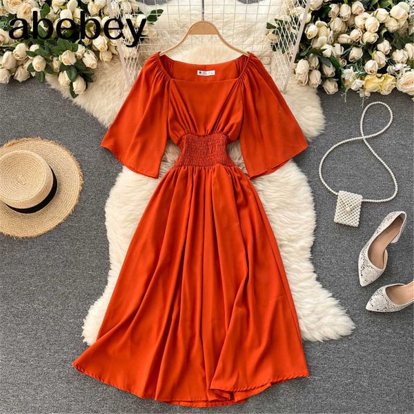 

women french red summer dress fashion vintage slim high waist short sleeve midi dresses elastic party gown female sundress 210715, Black;gray