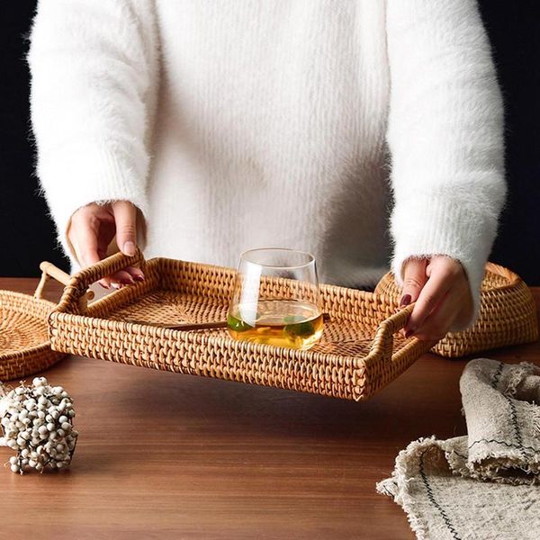 

rattan woven storage fruit basket organizer with handle candy snack plate cutlery tray breakfast bed bar dinner rectangular baskets