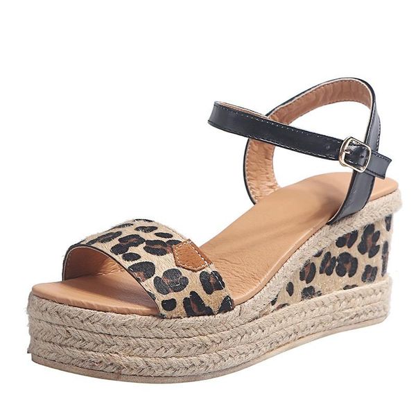 

women's ladies shoes thick heel wedges fashion girls leopard sandals buckle casual female platform heels, Black