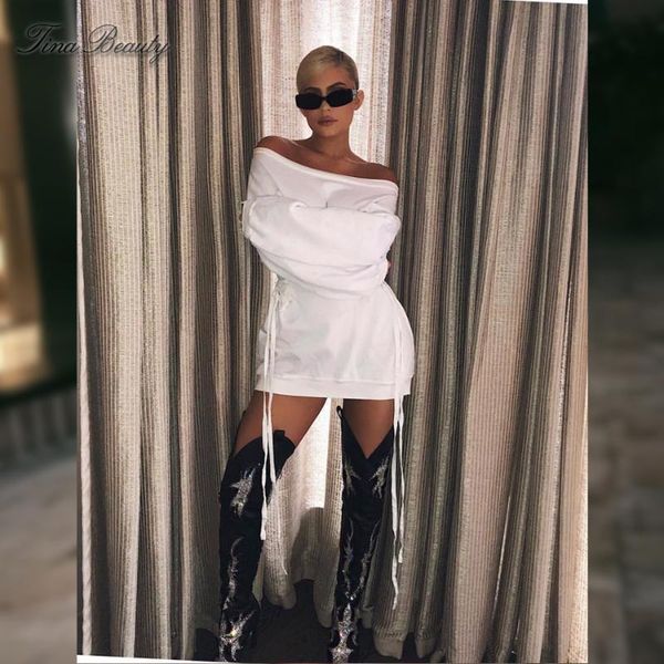 

casual dresses tina beauty kyliejenner off the shoulder side lace up cotton dress womens white pleated solid club night party, Black;gray