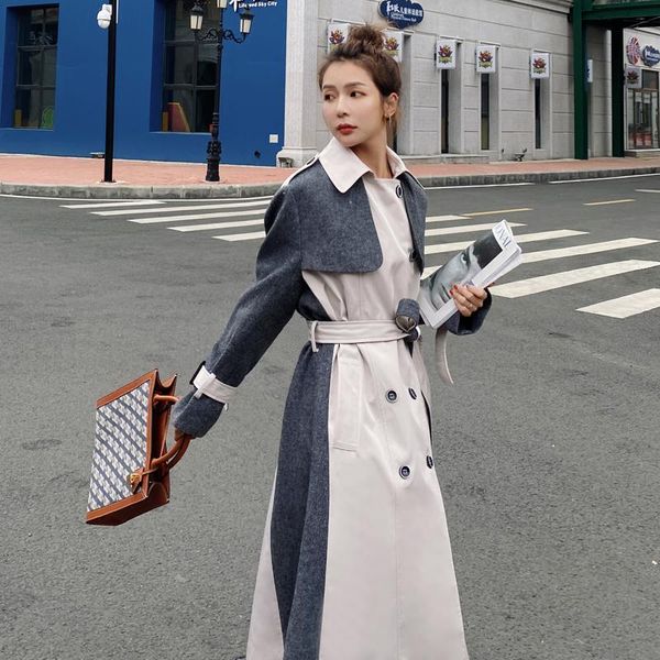 

women's trench coats brand double-breasted long coat with belt lady duster spring fall outerwear female clothes warm thick patchwork, Tan;black
