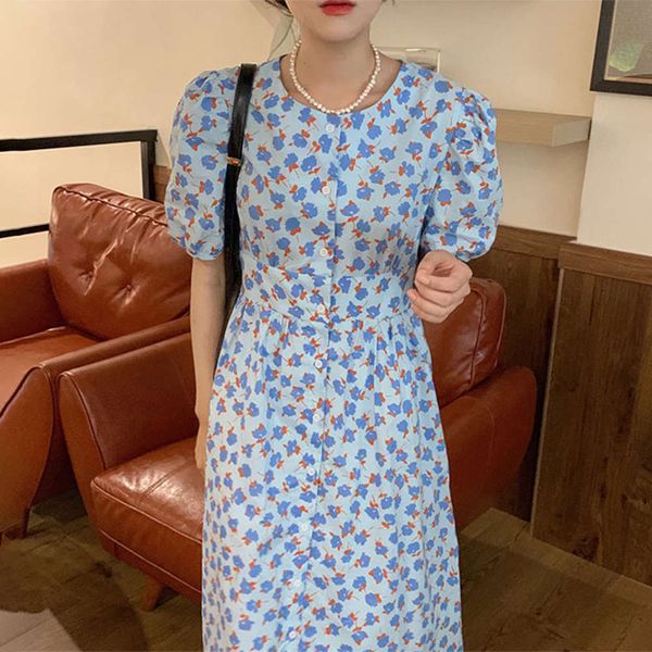 

casual dresses dress women clotheswomen clothessouth korea summer age reduction small fresh floral crew neck single row button waist slim bu, Black;gray