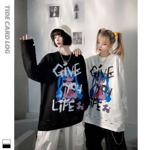 

autumn winter new ins trend balloon dog two dimensional animation graffiti girl hole jk men's and women's t-shirt, Black