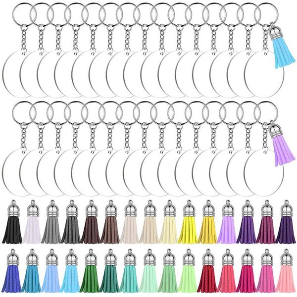 

keychains acrylic ornament blanks kit with 30 pcs blanks+30 keychain colorful tassels+30pcs key chain rings+ jump ring, Silver
