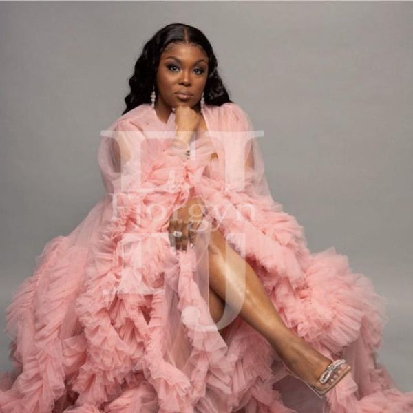 

unique pink tulle maternity robes women sheer long maxi poshoot fluffy tiered robe formal event dresses casual, Black;gray