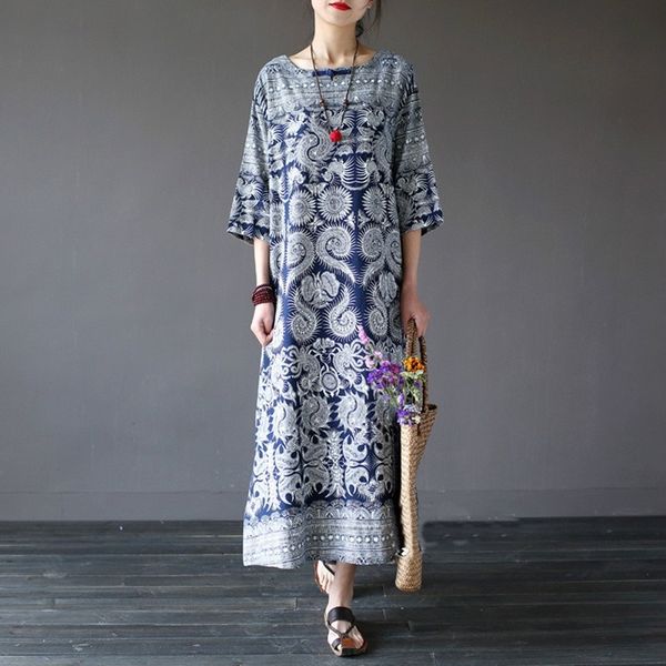 

women vintage floral print dress autumn stand collar 3/4 sleeve sundress chinese cheongsam robe femme linen vestido tunic 12371, Red