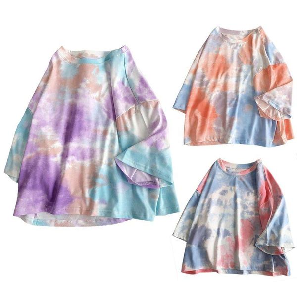 

women's t-shirt korean women summer short sleeve harajuku gradient tie-dye tunic crew neck oversized loose streetwear, White