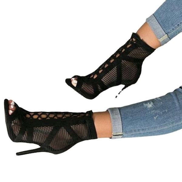 

sandals sawdyj 2022 fashion black summer lace up cross-tied peep toe high heel ankle strap net surface hollow out